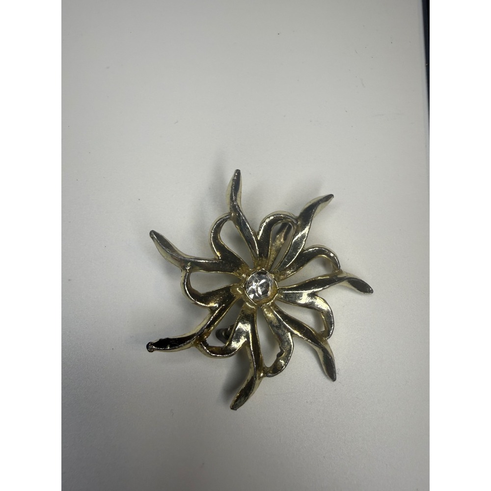 Gold Tone Starburst Brooch Clear Rhinestone Center Swirl Floral Pin 2 Inch